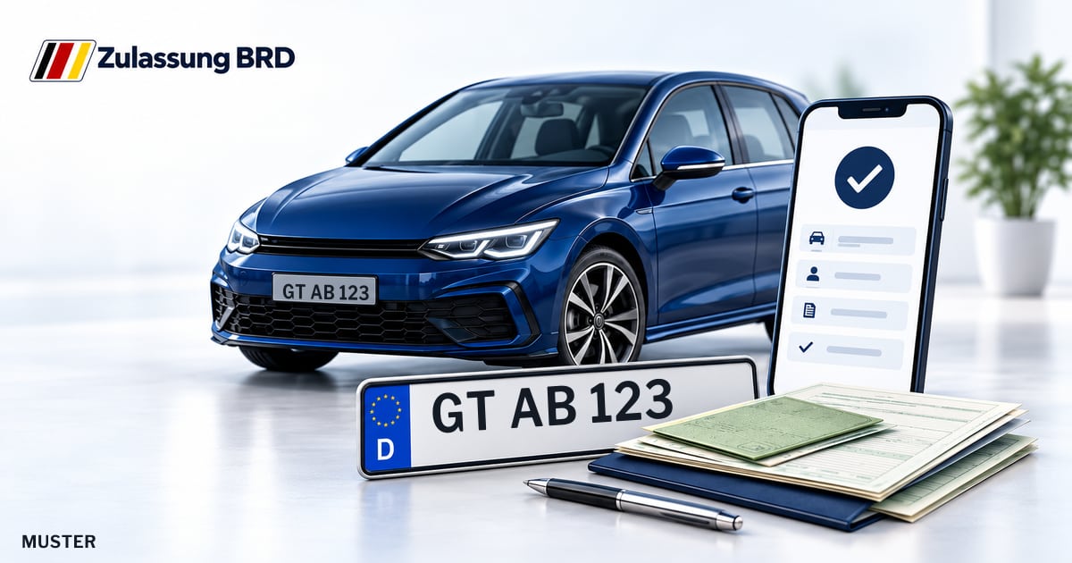 Online Fahrzeugzulassung in Versmold: Musterkennzeichen GT AB 123, Auto und Fahrzeugpapiere und Smartphone. Illustration mit Logo von Zulassung BRD.